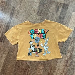 Looney Tunes Crop Top T-Shirt Bugs Bunny Daffy Duck Women's Large Yellow